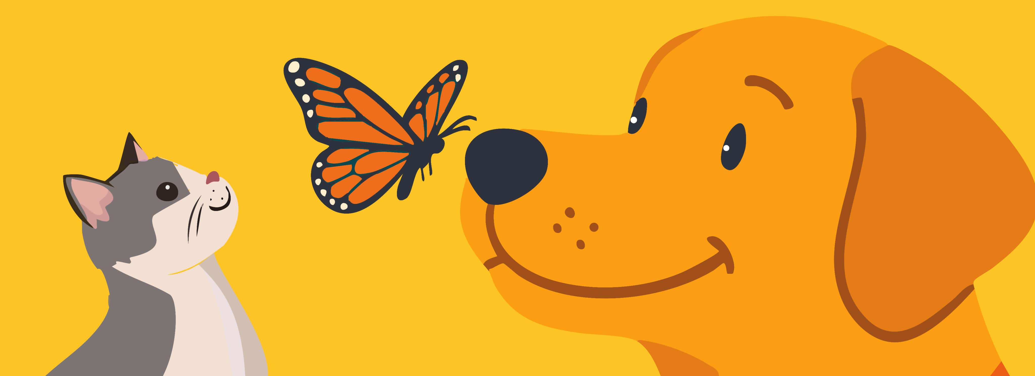 Cat, butterfly, and dog illustration